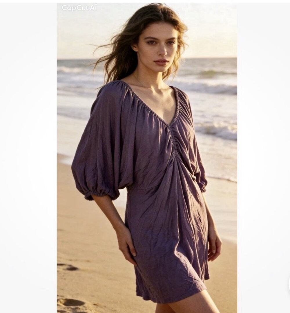Free People FP Beach Women's Purple V-Neck Oversized Soft Mini Dress 3/4 Sleeve